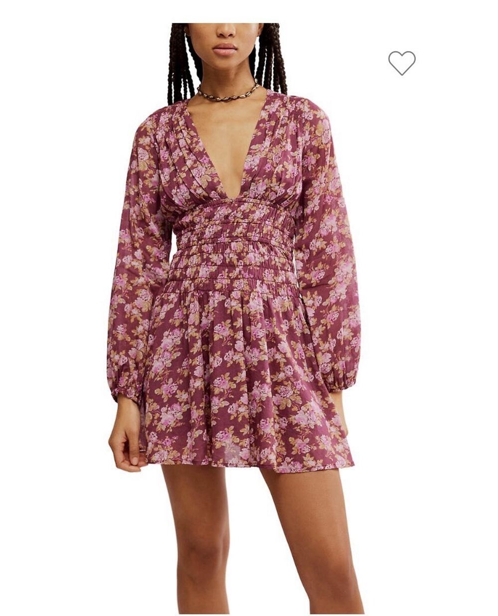 Free People Keep You Floral Moni Dress Plunging Neckline Long Sleeve Smocked